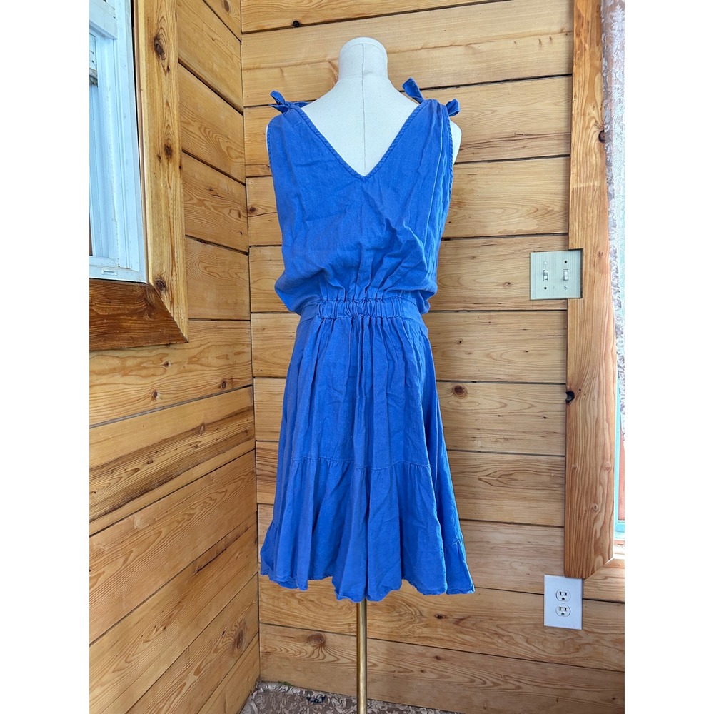 Linen Blend Sundress Women Large Royal Blue Shoulder Tie Tiered Ruffle Justina - Picture 6 of 14